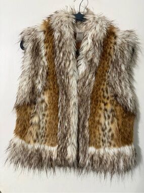Chic Cache Soft Lined Brown & Cream Faux Fur Vest Leopard Design Size S Like New
